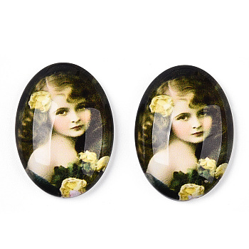 Glass Cabochons, with European Style Pattern, Oval, Champagne Yellow, 25x18x6mm