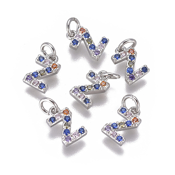 Brass Micro Pave Cubic Zirconia Charms, Letter, Colorful, Platinum, Letter.Z, 8.3x5x1.8mm, Hole: 2mm