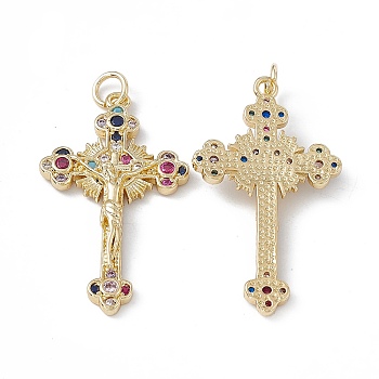 Brass Colorful Cubic Zirconia Pendants, with Jump Ring, Cross with Jesus Charms, Real 18K Gold Plated, 33x19x4mm, Hole: 3mm