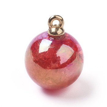 Transparent Crackle Acrylic Pendants, with Golden Plated Metal Findings, Round, Red, 20.5x16mm, Hole: 1.2mm