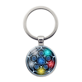 Glass Keychains, with Alloy Findings, Flat Round, Colorful, 6cm