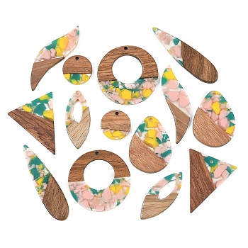 Walnut Wood & Transparent Resin Pendants, Mixed Shapes Charm, Mixed Color, 18.5~52.5x13.5~38x3.5mm, Hole: 1.8~2mm, about 14pcs/set
