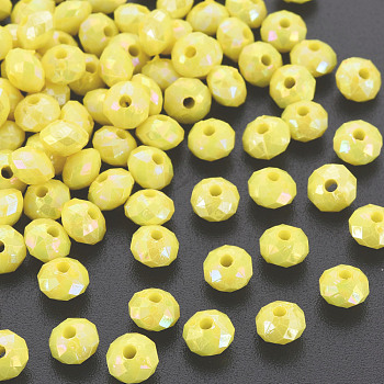 Opaque Acrylic Beads, AB Color Plated, Faceted Rondelle, Yellow, 6mm, Hole: 1.5mm, about 6200pcs/500g.