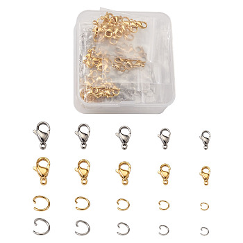 304 Stainless Steel Lobster Claw Clasps, Manual Polishing, with Open Jump Rings, Golden & Stainless Steel Color, 300pcs/box