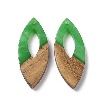 Opaque Resin & Walnut Wood Pendants, Horse Eye Charms, Green, 38x15.5x3.5mm, Hole: 2mm
