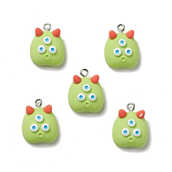 Opaque Resin Pendants, with Platinum Tone Iron Loops, Monster Charm, Yellow Green, 20.5x16x8.5mm, Hole: 2mm