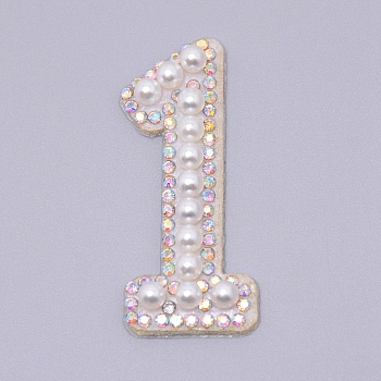 Imitation Pearls Patches, Iron/Sew on Appliques, with Glitter Rhinestone, Costume Accessories, for Clothes, Bag Pants, Number, Num.1, 44.5x19x4.5mm