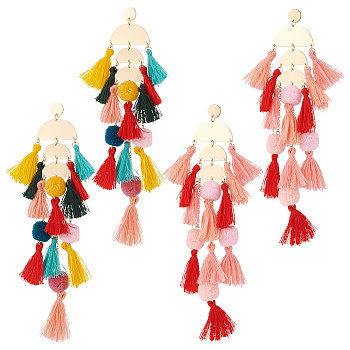 2 Pairs 2 Colors Polyester Tassel with Pompom Chandelier Earrings, Golden Brass Long Cluster Earrings for Woman, Mixed Color, 173mm, Pin: 0.9mm, 1 Pair/color