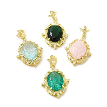 Rack Plating Brass & Crushed Ice Cut Cubic Zirconia Pendants, with Rhinestone, Real 14K Gold Plated, Cadmium Free & Lead Free, Oval with Leaf Charm, Mixed Color, 28.5x22x7mm, Hole: 7x4mm