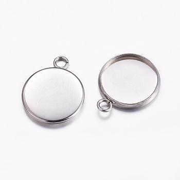 304 Stainless Steel Pendant Cabochon Settings, Plain Edge Bezel Cups, Flat Round, Stainless Steel Color, Tray: 14mm, 19.5x16x2mm, Hole: 2.2mm