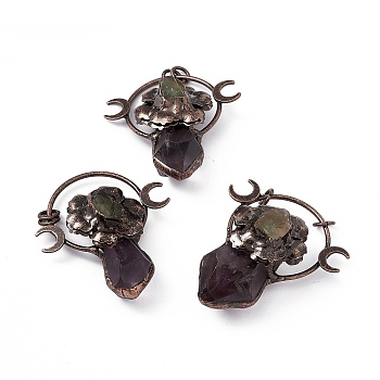 Natural Amethyst Big Pendants, Flower Charms, with Rack Plating Red Copper Tone Brass Findings and Green Fluorite, Cadmium Free & Lead Free, 62~68x58x23~30mm, Ring: 9x1.5mm, Hole: 6mm
