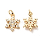 Rack Plating Brass Micro Pave Cubic Zirconia Charms, Long-Lasting Plated, Cadmium Free & Lead Free, with Jump Ring, Snowflake Charm, Real 14K Gold Plated, 15x11.5x4mm, Hole: 3.5mm(X-KK-E081-15G)