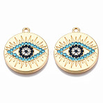 Rack Plating Alloy Pendants, with Aquamarine Rhinestone, Cadmium Free & Nickel Free & Lead Free, Flat Round with Evil Eye Charms, Light Gold, 25x22x2.5mm, Hole: 1.6mm(PALLOY-N172-056LG)