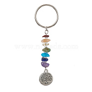 Chakra Natural Gemstone Chips Keychains, Alloy Tree of Life Pendant Keychains, Flat Round, 8.5cm, Pendant: 18x15x1.5mm(KEYC-JKC00550-04)