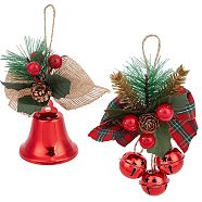 2Pcs 2 Styles Christmas Bell Pendant Decorations, with Jute Rope, for Christmas Tree Hanging Decoration Bow Bell, Red, 160~165x103~120x33~37mm, 1pc/style(HJEW-GF0001-35)
