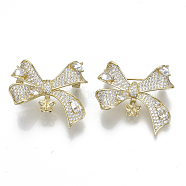 Brass Micro Pave Clear Cubic Zirconia Brooch Findings, For Half Drilled Beads, Bowknot, Nickel Free, Real 18K Gold Plated, 30x34mm, Pin: 0.8mm(KK-N232-80-NF)