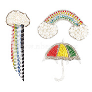 3Pcs 3 Style Rainbow Non Woven Fabric Ornament Accessories, Plastic Imitation Pearl Beaded Appliques, with Rhinestones, Mixed Color, 45~140x50~74x5~7mm, 1pc/style(PATC-FG0001-17)