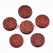 Painted Natural Wood Beads, Laser Engraved Pattern, Flat Round with Leopard Print, FireBrick, 15x4.5mm, Hole: 1.5mm(WOOD-T021-49A-08)