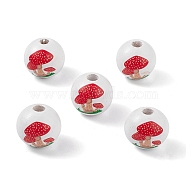 Printed Natural Wood European Beads, Large Hole Bead, Round with Mushroom Pattern, Red, 15.5mm, Hole: 4mm(X-WOOD-C015-05)