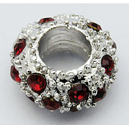 Alloy Rhinestone European Beads, Large Hole Beads, Rondelle, Platinum Metal Color, Siam, 11x6mm, Hole: 5mm(X-CPDL-H998-12)