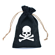 Halloween Burlap Packing Pouches, Drawstring Bags, Rectangle with Skull Pattern, Black, 15x10cm(HAWE-PW0001-151C)