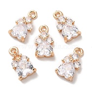 K9 Glass Charms, with Light Gold Tone Brass Findings and Rhinestone, Heart Charms, Crystal, 13x7x4mm, Hole: 1.2mm(FIND-C036-07KCG-06)