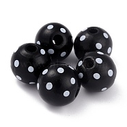 Dyed Natural Wooden Beads, Macrame Beads Large Hole, Round with Polka Dot, Black, 16x15mm, Hole: 4mm(WOOD-O005-01D)