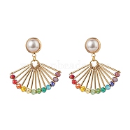 Fan Shape Glass Beads Dangle Stud Earrings for Girl Women, ABS Plastic Pearl Beads Earrings, Golden, Colorful, 42mm, Pin: 0.7mm(X1-EJEW-TA00012)