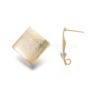 Brass Stud Earring Findings, with Loop, Nickel Free, Textured, Square, Real 18K Gold Plated, 25x25mm, Hole: 2mm, Pin: 0.7mm(X-KK-N233-020-NF)