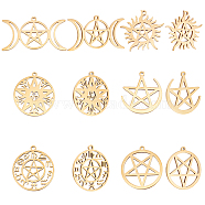 12Pcs 6 Style Ion Plating(IP) 304 Stainless Steel Pendant,  Hollow Charms, Flat Round with Star & Sun with Star & Ring with Star, Real 18K Gold Plated, 19~28x25~35x1.5~2mm, Hole:  1.2~2mm, 2pcs/style(STAS-BBC0001-62)