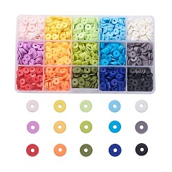 15 Farben umweltfreundliche handgemachte Polymer Clay Perlen, für DIY Schmuck Bastelbedarf, Disc / Flachrund, heishi Perlen, Mischfarbe, 8x0.5~1 mm, Bohrung: 2 mm, 15 Farben, über 133~140pcs / Farbe, 1995~2100 Stück / Karton(CLAY-X0011-02A)