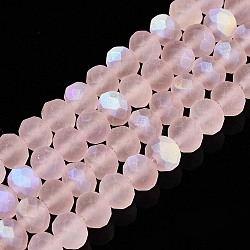 Transparent Glass Beads Strands, Faceted, Frosted, Half AB Color Plated, Rondelle, Pink, 8x6mm, Hole: 1mm, about 64~65pcs/strand, 40~41cm(X-EGLA-A044-T8mm-MB22)