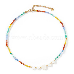 Summer Beach Rainbow Natural Stone and Heart Shell Beaded Necklaces, Colorful, Real 14K Gold Plated, 15.75 inch(40cm)(GB7102-2)