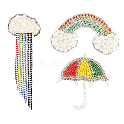 3Pcs 3 Style Rainbow Non Woven Fabric Ornament Accessories, Plastic Imitation Pearl Beaded Appliques, with Rhinestones, Mixed Color, 45~140x50~74x5~7mm, 1pc/style(PATC-FG0001-17)