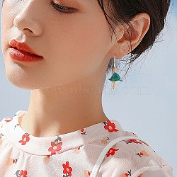 Enamel Mushroom Dangle Stud Earrings, Gold Plated Alloy  Half Hoop Earrings for Women, Green, 47x24.5mm, Pin: 0.7mm(JE987B)