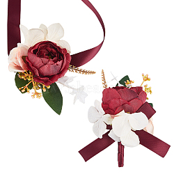 2Pcs 2 Style Silk Cloth Rose with Satin Ribbon Corsage Boutonniere & Wrist Corsages, for Wedding, Party Decorations, Dark Red, 125~775x120x44mm, 1pc/style(AJEW-CP0005-94)