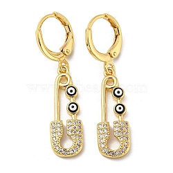 Real 18K Gold Plated Brass Dangle Leverback Earrings, with Enamel and Cubic Zirconia, Safety Pin with Evil Eye, Black, 36.5x8mm(EJEW-L269-016G-08)