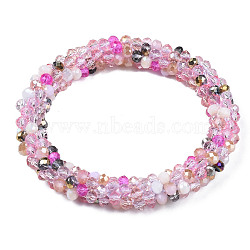 Glass Beaded Crochet Stretch Bracelet, Fashion Nepal Bracelet for Women, Pink, Inner Diameter: 1-7/8 inch(4.7cm)(BJEW-T016-09G)