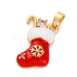 Christmas Theme Brass Micro Pave Cubic Zirconia Pendants, with Enamel, Christmas Stocking, Real 18K Gold Plated, 19x11.5x4.5mm, Hole: 4x2.5mm(KK-C076-24G)