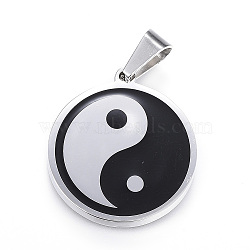 Feng Shui 304 Stainless Steel Pendants, Enamel, Flat Round with Yin Yang, Stainless Steel Color, 28.5x25.5x3mm, Hole: 9.5x5mm(X-STAS-D161-08P)