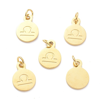 Golden Plated 304 Stainless Steel Charms, Flat Round with Constellations Pattern, Libra, 13.5x10x1mm, Jump Ring: 5x1mm, Hole: 3mm