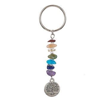 Chakra Natural Gemstone Chips Keychains, Alloy Tree of Life Pendant Keychains, Flat Round, 8.5cm, Pendant: 18x15x1.5mm