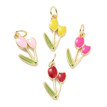 Brass Pendants, with Enamel, Lead Free & Cadmium Free, Real 18K Gold Plated, Tulip, Mixed Color, 19x11x2mm