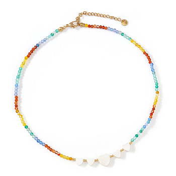 Summer Beach Rainbow Natural Stone and Heart Shell Beaded Necklaces, Colorful, Real 14K Gold Plated, 15.75 inch(40cm)