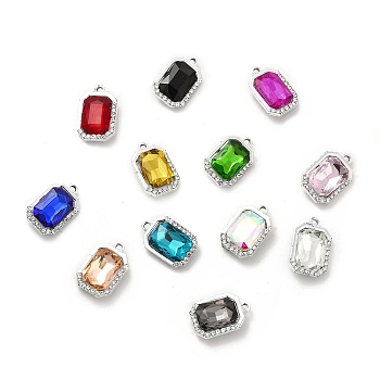Alloy Glass Pendants, Crystal Rhinestone Octagon Rectangle Charm, Platinum, Mixed Color, 21x14x6mm, Hole: 1.8mm