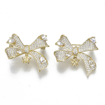 Brass Micro Pave Clear Cubic Zirconia Brooch Findings, For Half Drilled Beads, Bowknot, Nickel Free, Real 18K Gold Plated, 30x34mm, Pin: 0.8mm