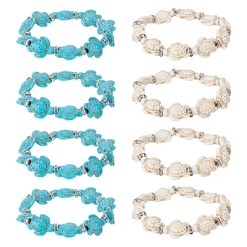 8Pcs 2 Colors Dyed Synthetic Turquoise Tortoise Beaded Stretch Bracelets Set for Women, Mixed Color, Inner Diameter: 2-1/8 inch(5.3cm), 4Pcs/color