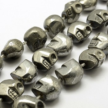 Electroplated Natural Pyrite Beads Strands, Skull, Dyed, Silver Plated, 16x14x16mm, Hole: 1.5mm, about 8pcs/strand, 7.08 inch (18cm)