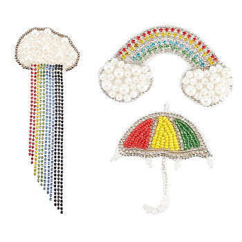 3Pcs 3 Style Rainbow Non Woven Fabric Ornament Accessories, Plastic Imitation Pearl Beaded Appliques, with Rhinestones, Mixed Color, 45~140x50~74x5~7mm, 1pc/style
