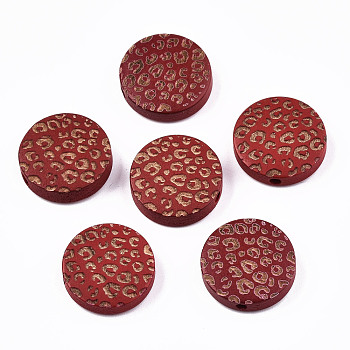 Painted Natural Wood Beads, Laser Engraved Pattern, Flat Round with Leopard Print, FireBrick, 15x4.5mm, Hole: 1.5mm